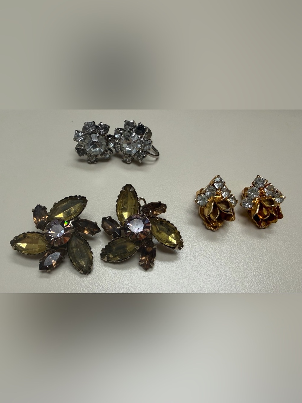 Vintage Rhinestone Earring Lot Set of 3 Pairs - Signed Coro Clear, Olivine Green